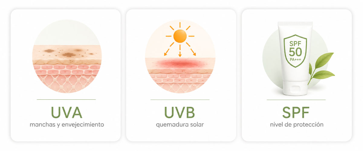 infografía de diferencia entre UVA, UVB y SPF