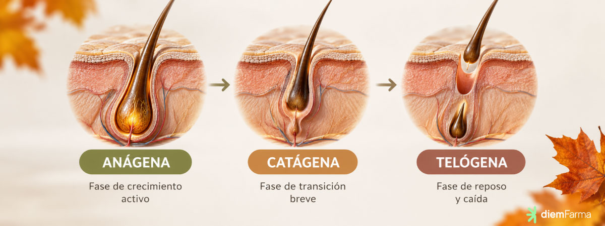 Infografía del ciclo del cabello con las fases anágena, catágena y telógena