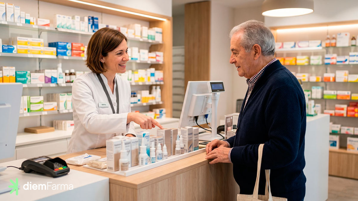 Farmac&eacute;utica orientando sobre alergia primaveral en una farmacia