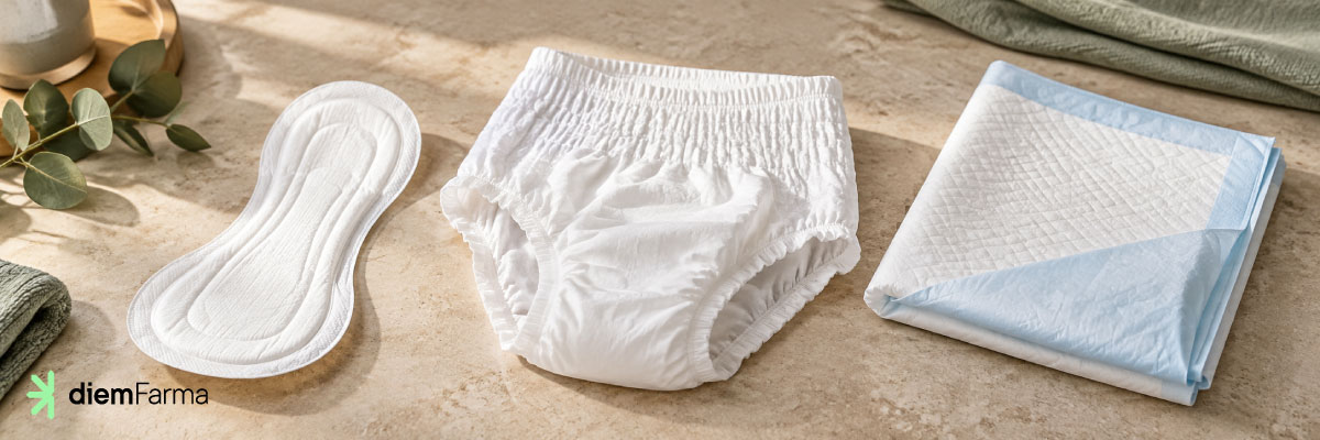 Compresa para pérdidas de orina, ropa interior absorbente y protector de cama para incontinencia urinaria