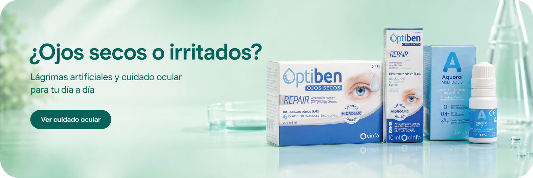 Banner de cuidado ocular para ojos secos o irritados con l&aacute;grimas artificiales Optiben Repair y Aquoral Multidosis