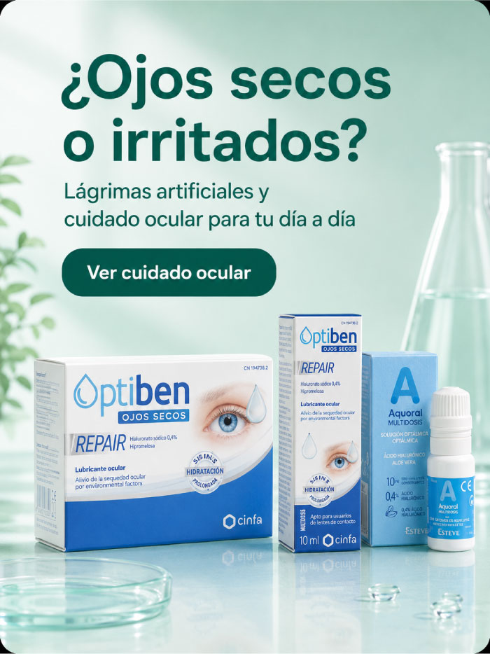 Banner de cuidado ocular para ojos secos o irritados con l&aacute;grimas artificiales Optiben Repair y Aquoral Multidosis