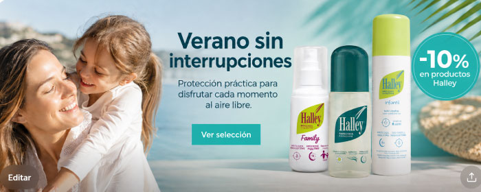Madre con ni&ntilde;a junto a productos antimosquitos Halley con promoci&oacute;n del 10% de descuento
