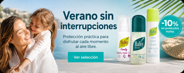 Madre con ni&ntilde;a junto a productos antimosquitos Halley con promoci&oacute;n del 10% de descuento