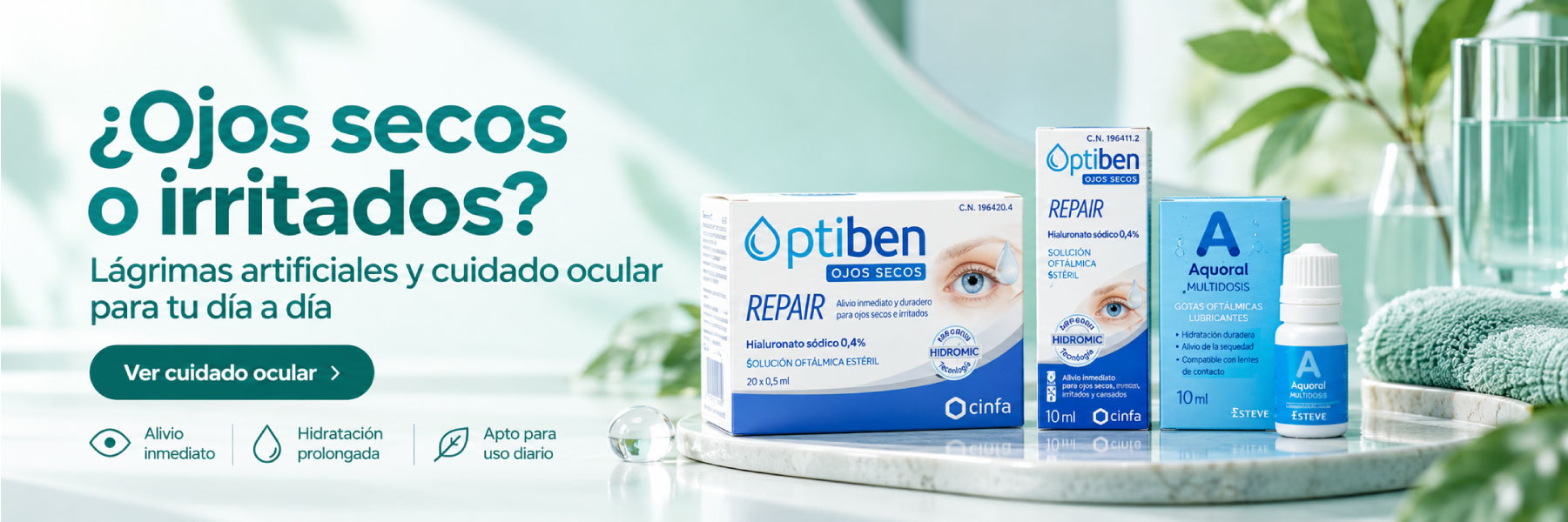 Lágrimas artificiales Optiben y Aquoral para ojos secos e irritados